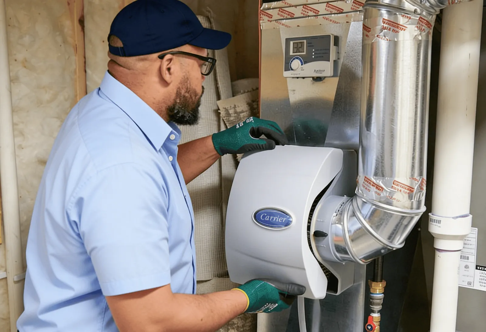 Technician servicing a whole-home humidity control system.