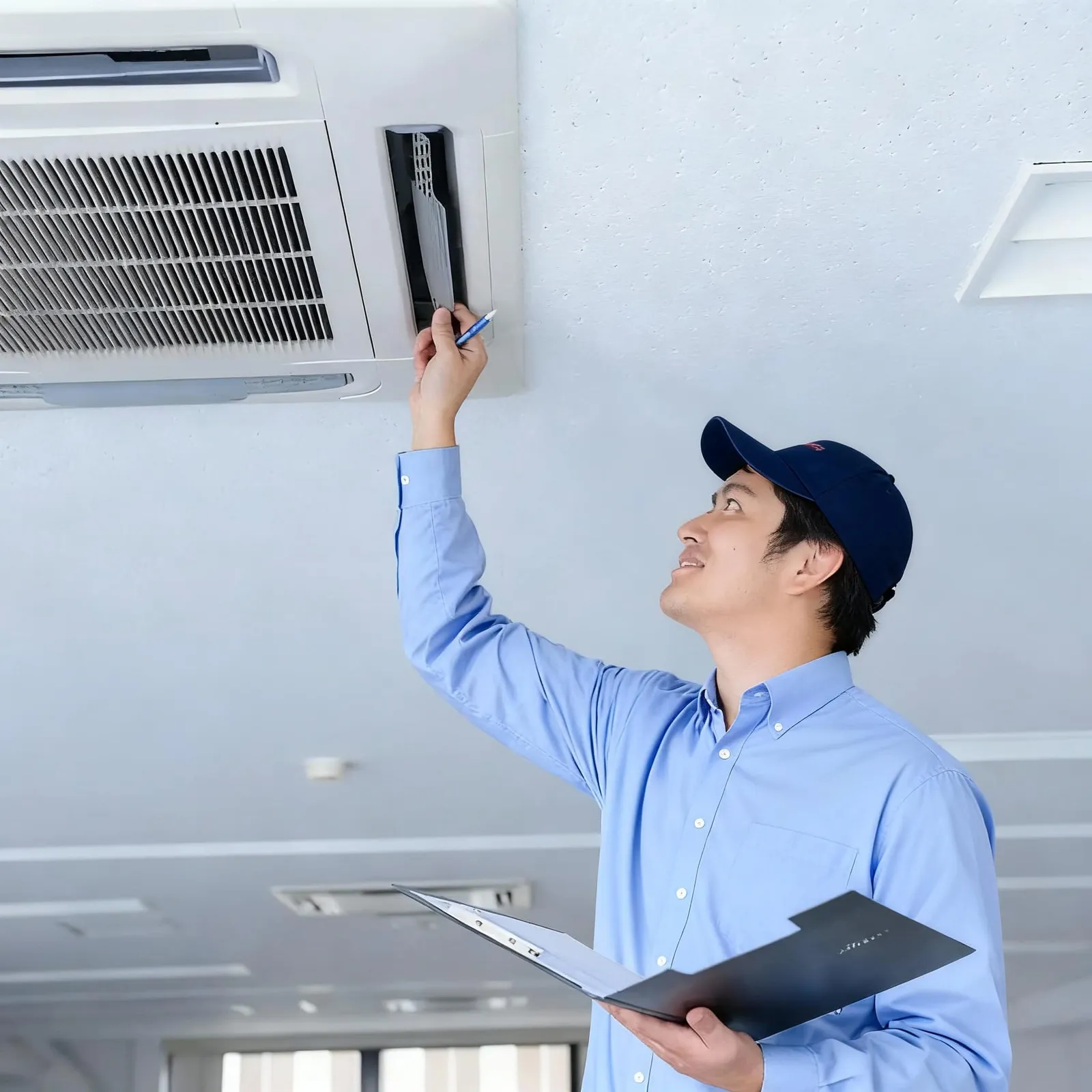 Technician inspecting an indoor air system for air quality service.