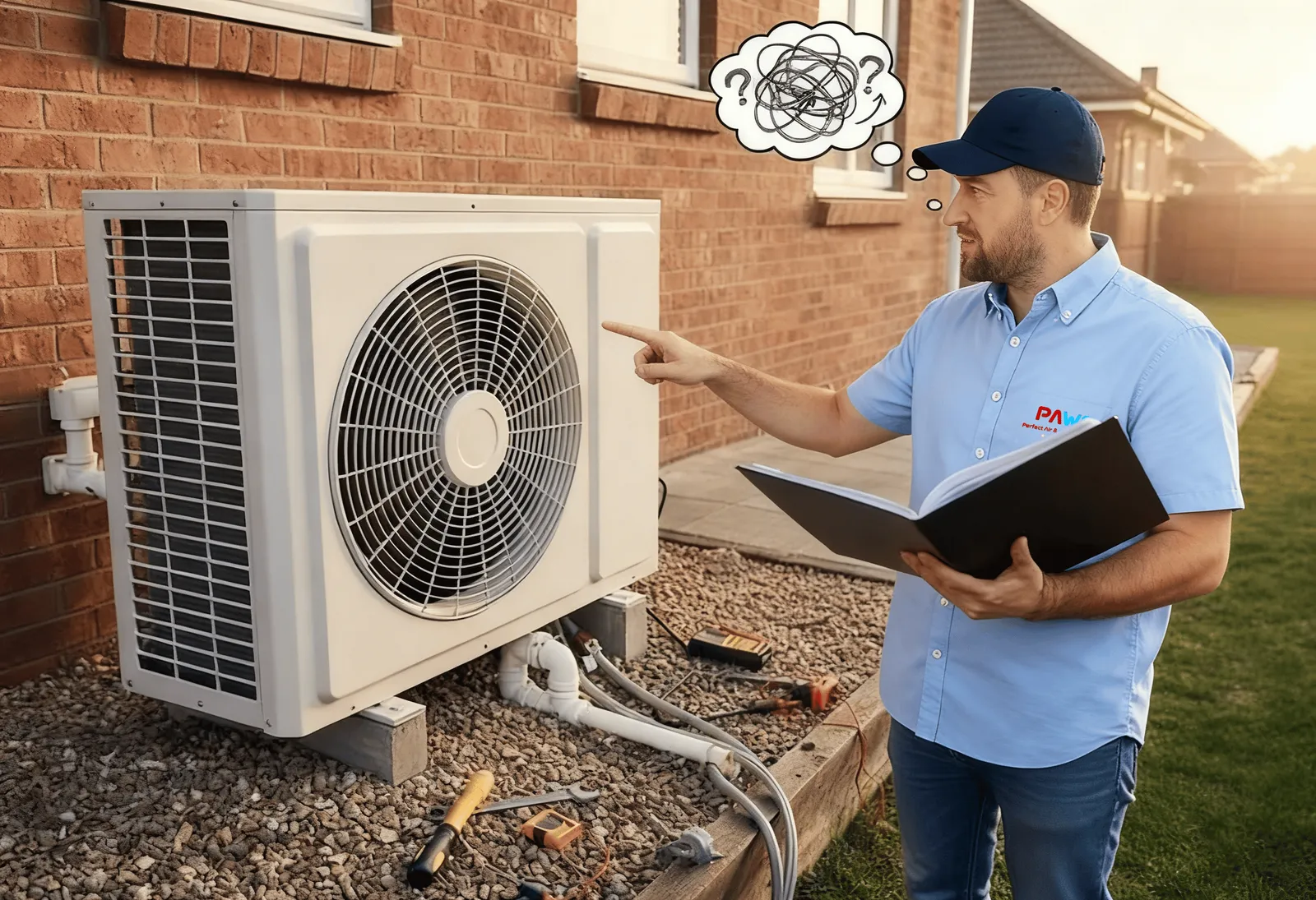 HVAC technician inspecting an AC system in Freehold, New Jersey.