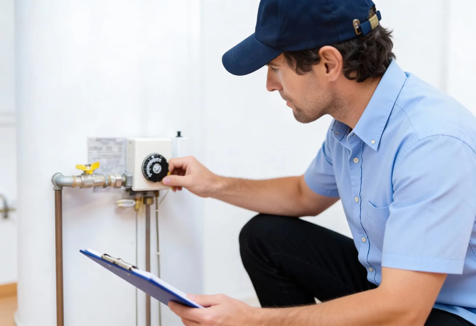 Technician repairing a residential boiler.