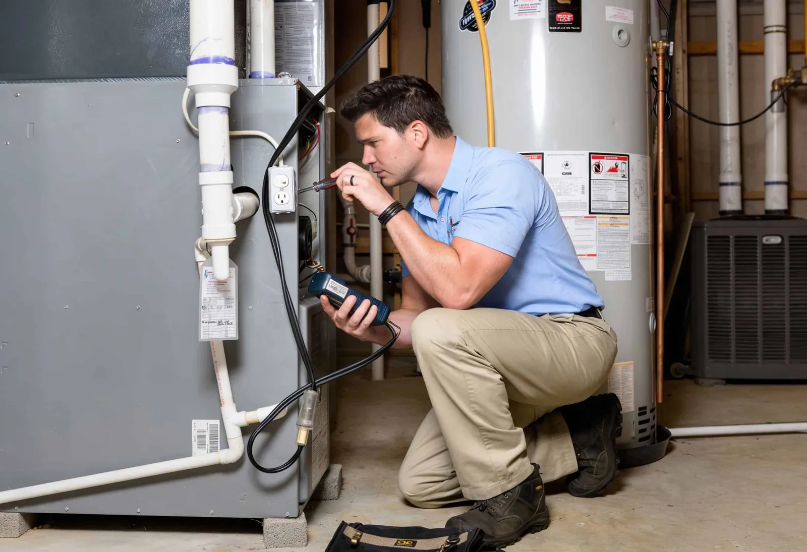 Technician installing a furnace in a New Jersey home.