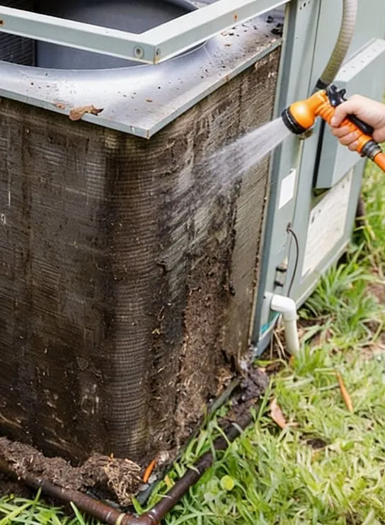 Technician performing professional condenser washdown service.