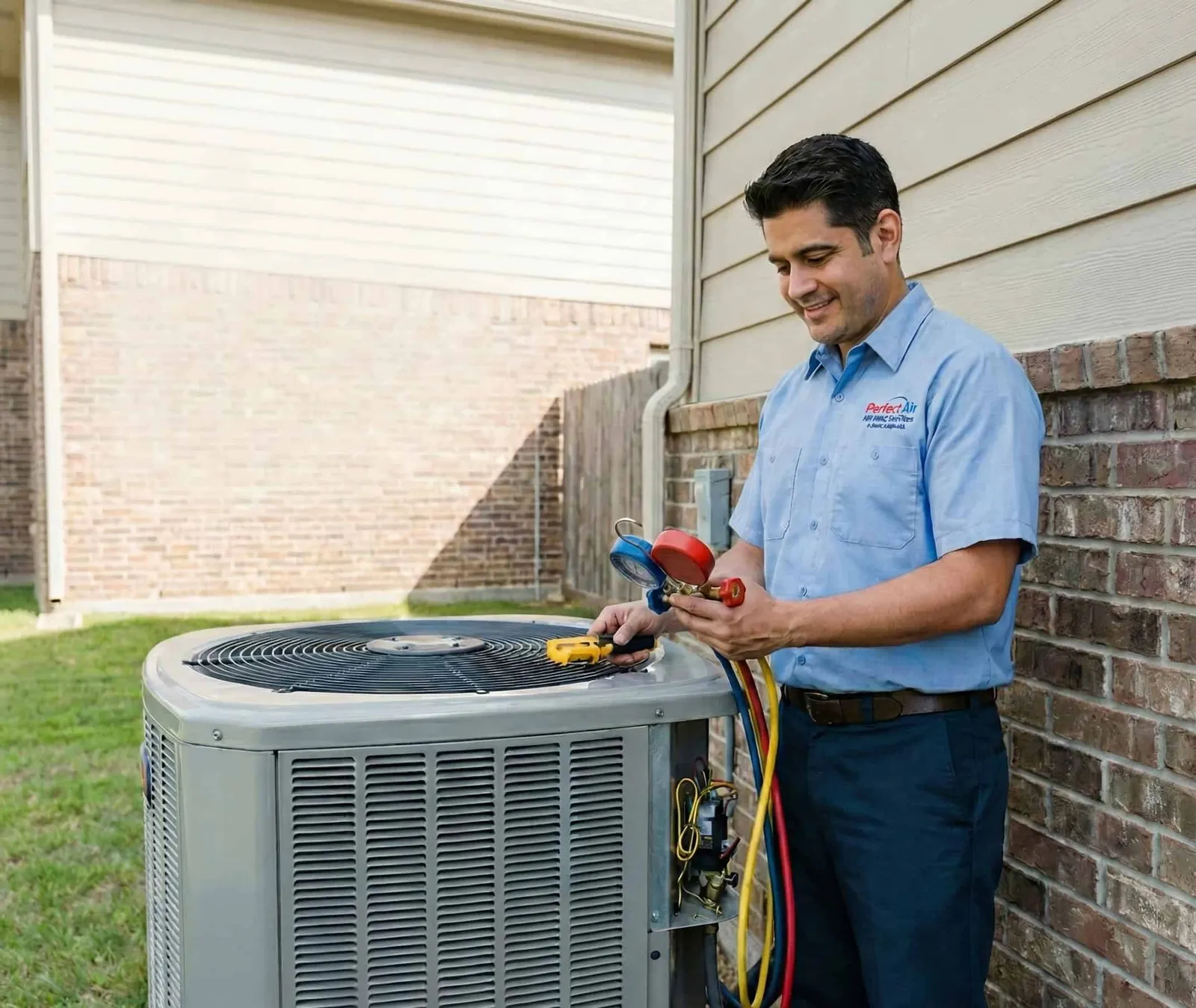 Perfect Air & Water technician servicing HVAC equipment for indoor air quality.
