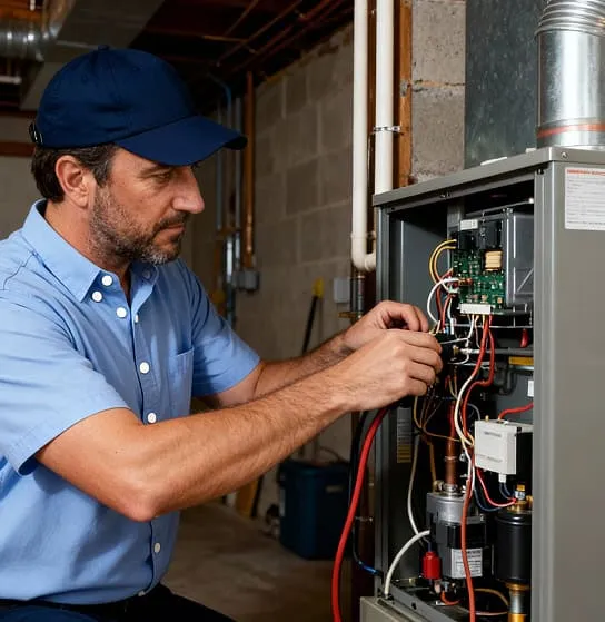 Technician repairing a residential furnace control panel.