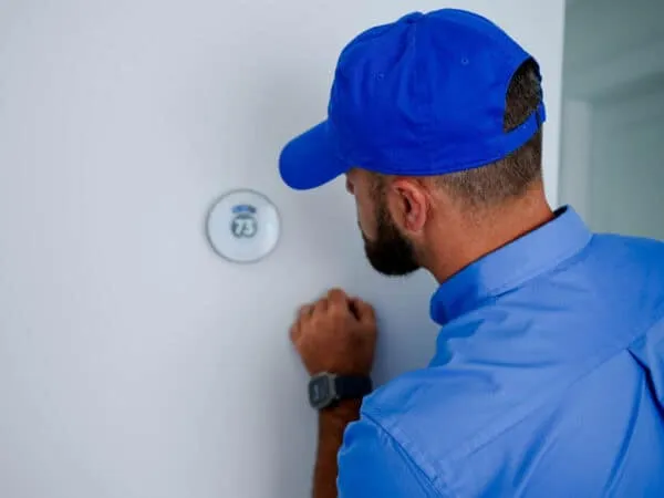 Technician installing a smart thermostat on a home wall.