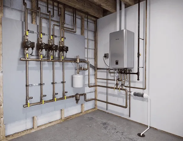 Efficient water heater system with pumps and piping in a utility room