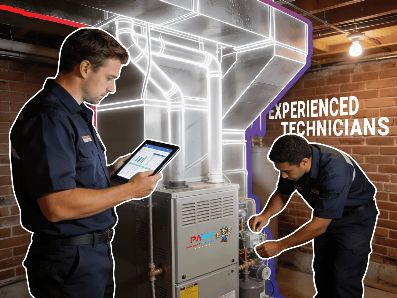 1. Skilled HVAC technicians inspecting equipment in a basement for optimal air and water flow.