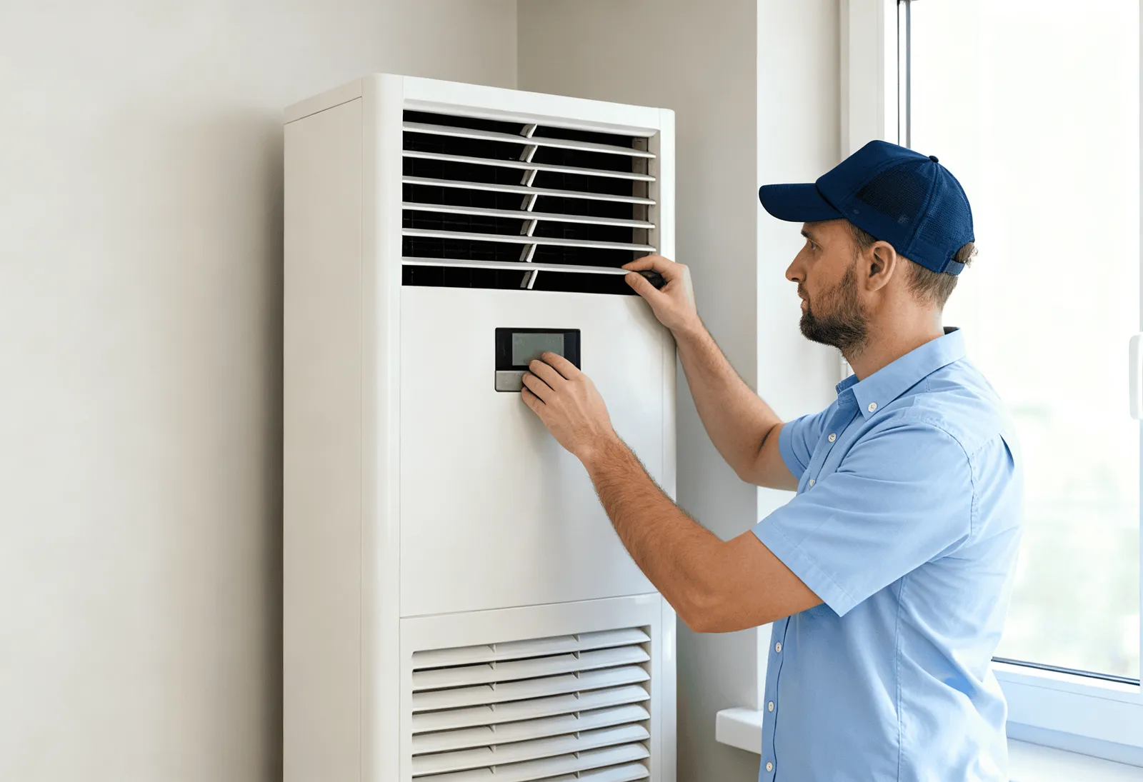 Perfect Air and Water technician repairing an air conditioning unit.
