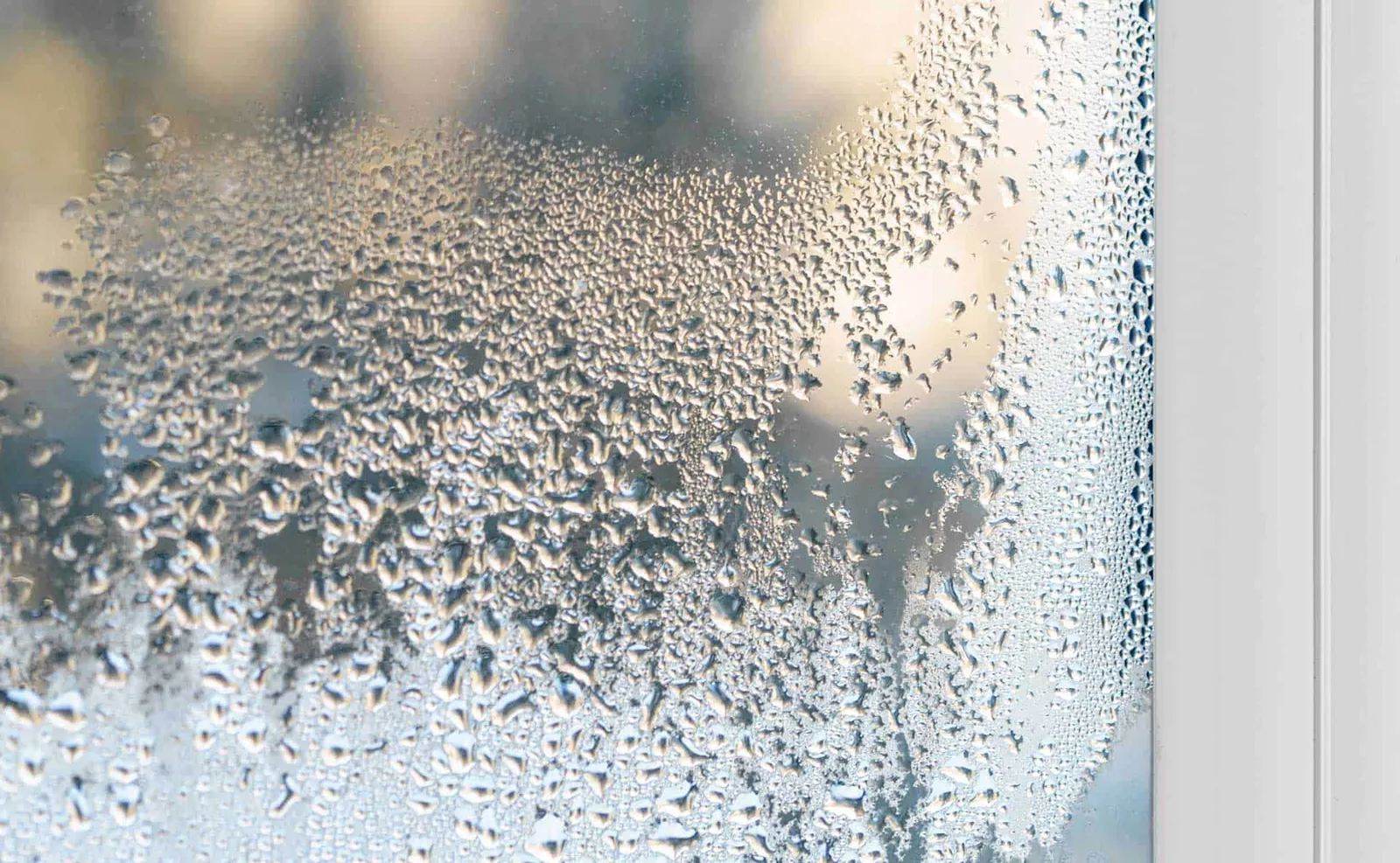 Condensation on a window from high indoor humidity.