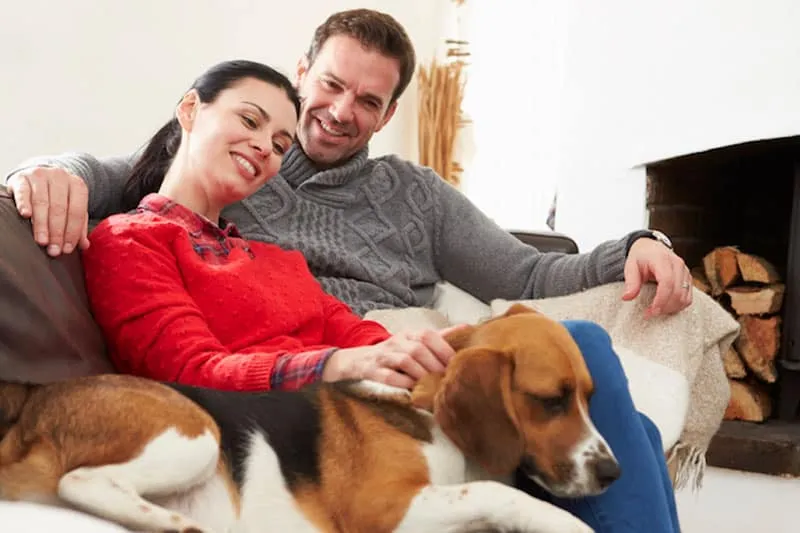 Family relaxing in a warm home with a dog.
