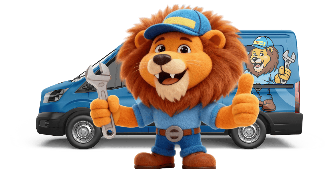 Comfortable lion mascot giving thumbs up in front of HVAC service van with lion logo, promoting Perfect Air & Water in New Jersey.