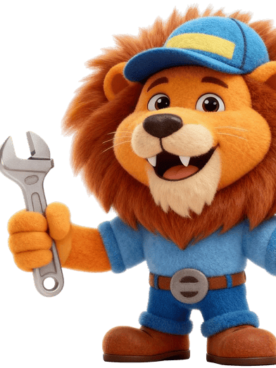 Lion mascot holding a wrench, representing HVAC repair services in New Jersey.