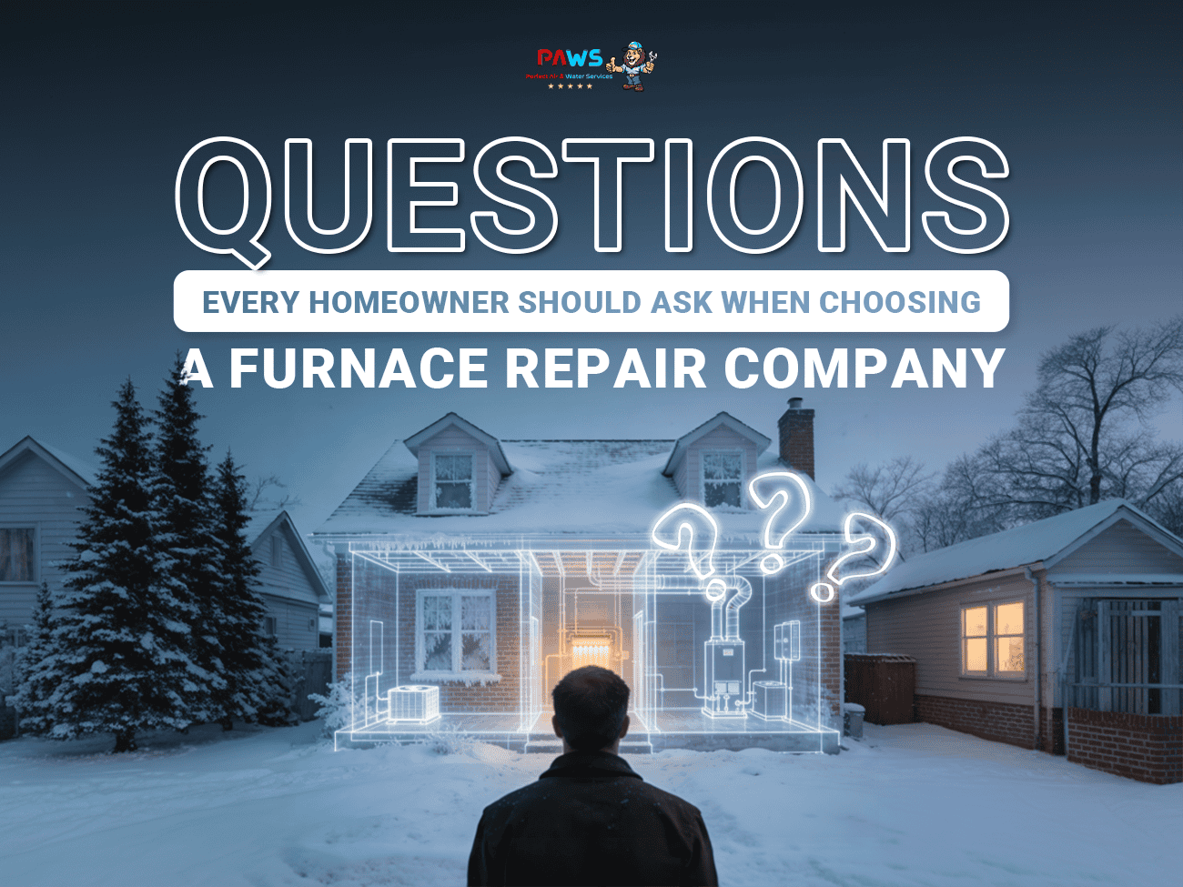 HVAC technician analyzing a futuristic house design with HVAC system in snow; expert furnace repair guidance.