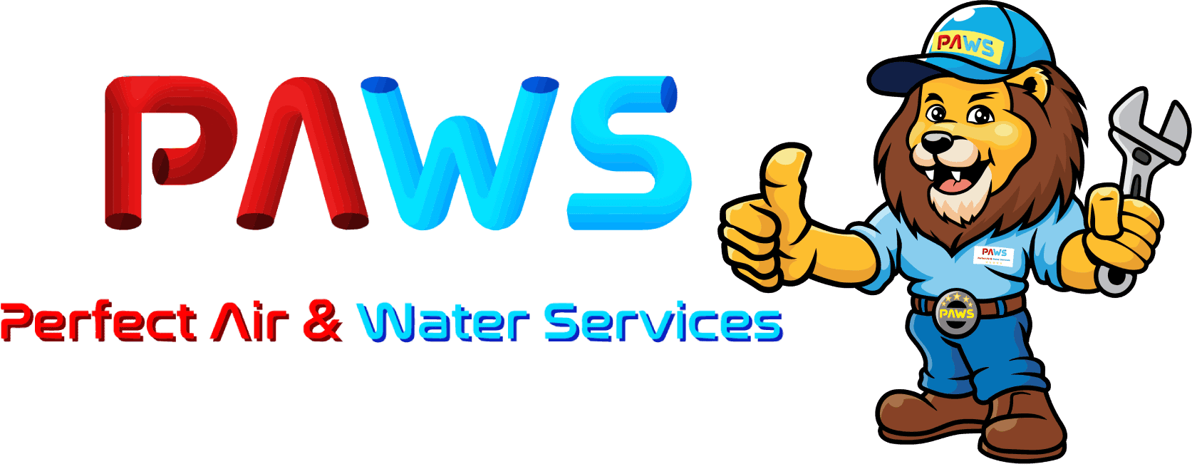 Air conditioning and water heater repair technician with lion mascot, servicing New Jersey homes.